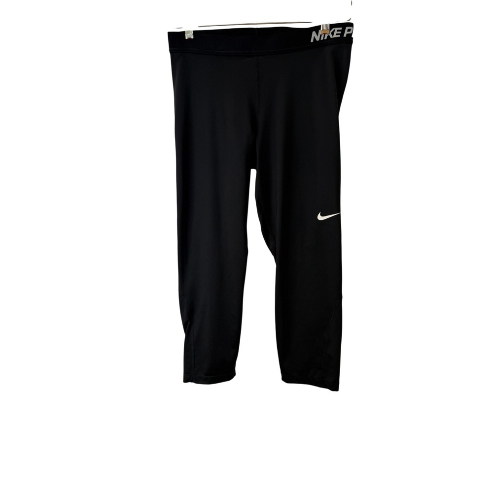 Nike Pro Womens L Black Compression Capri Leggings Training Tights Swoosh Logo